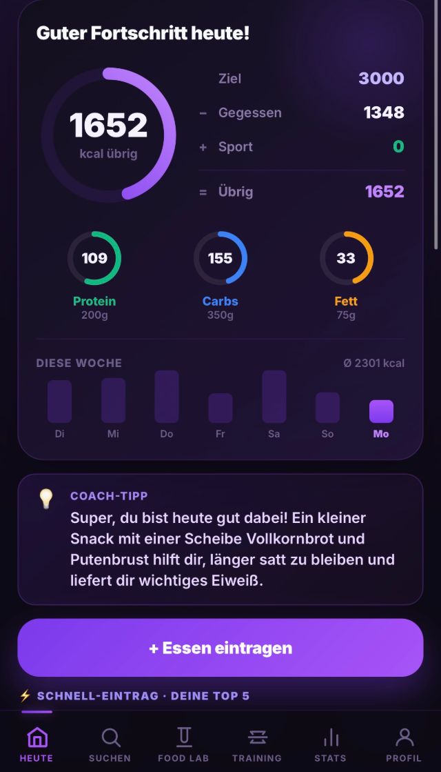 Startbildschirm von PhysiQ mit Tagesziel und Makros