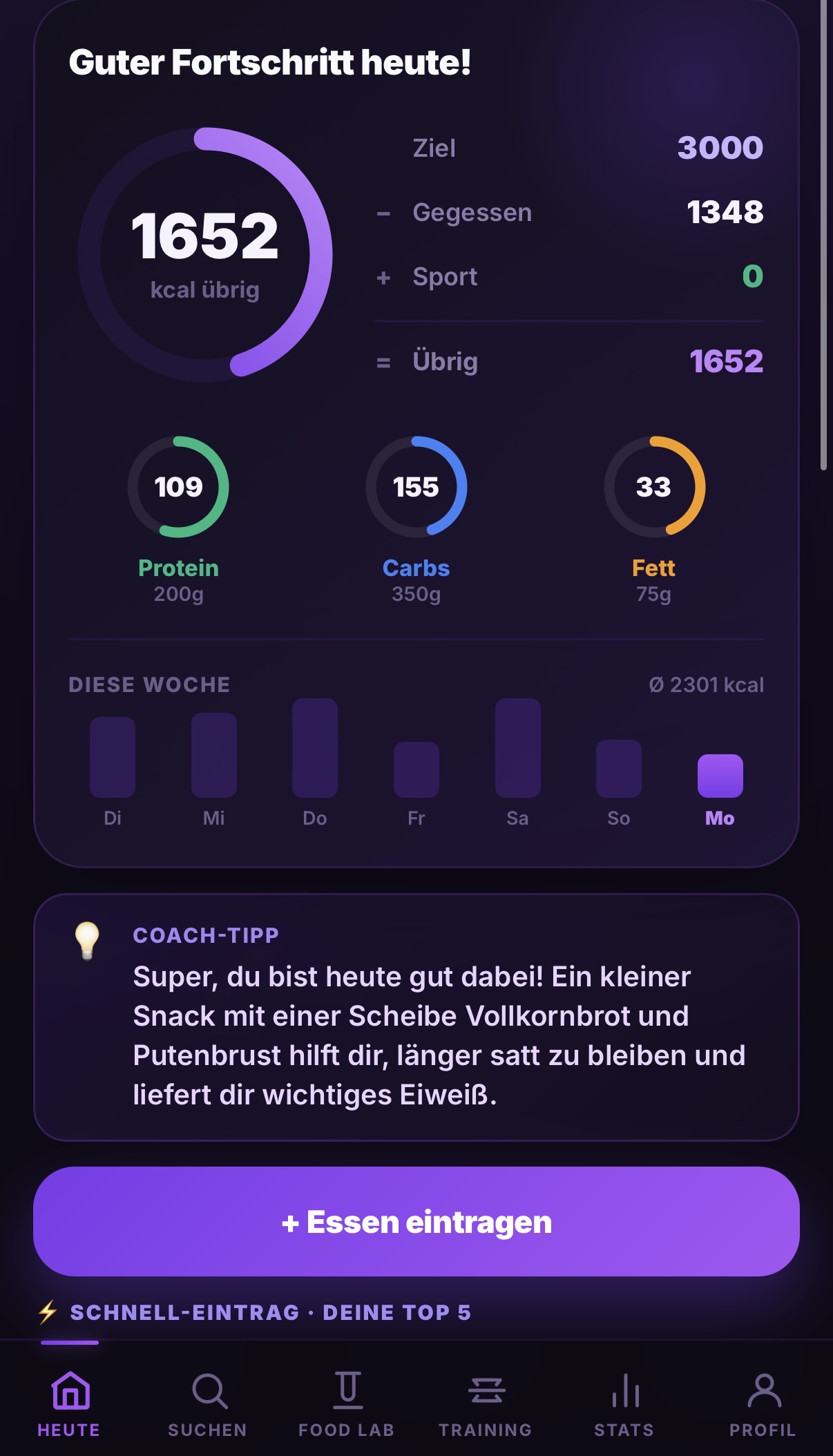 PhysiQ App – Dashboard mit Kalorien und Makros