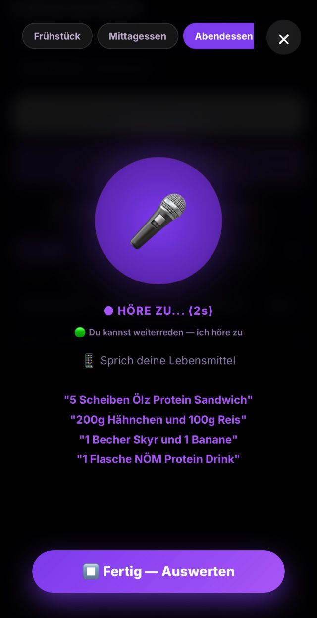 Sprach-Erfassung in PhysiQ mit erkannten Lebensmitteln